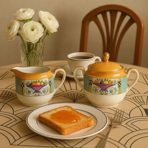 Japanese Hand-Painted Lusterware Cream & Sugar Set – Art Deco Motif (1921–1941)